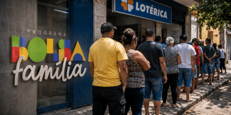Pessoas em fila na porta de uma lotérica ao lado do letreiro Bolsa Família em ambiente urbano