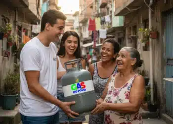 Jovem entrega botijão do programa Gás do Povo para idosa sorridente ao lado de duas mulheres em viela de favela