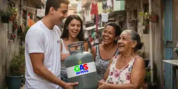 Jovem entrega botijão do programa Gás do Povo para idosa sorridente ao lado de duas mulheres em viela de favela