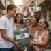 Jovem entrega botijão do programa Gás do Povo para idosa sorridente ao lado de duas mulheres em viela de favela