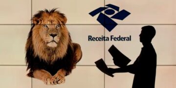 Silhueta de homem segurando papéis diante de leão e logotipo da Receita Federal em fundo claro
