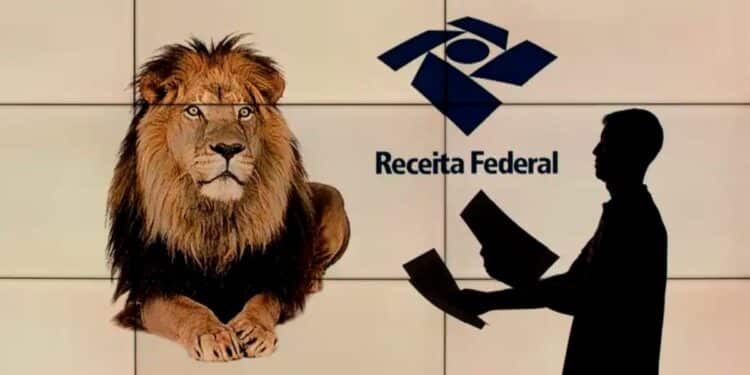 Silhueta de homem segurando papéis diante de leão e logotipo da Receita Federal em fundo claro