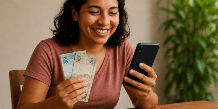 Mulher sorrindo segura notas de real, usa celular e cartão Caixa sobre mesa em ambiente interno