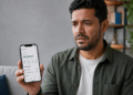 Homem de expressão preocupada mostra celular com saldo de R$500,00 em aplicativo bancário