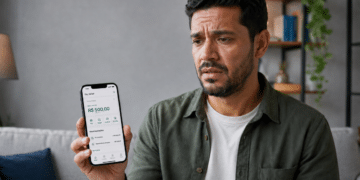 Homem de expressão preocupada mostra celular com saldo de R$500,00 em aplicativo bancário