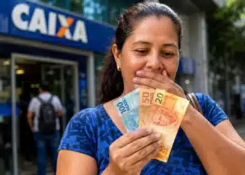 Mulher segura cédulas de real diante de uma agência da Caixa, representando a antecipação do Bolsa Família de julho.