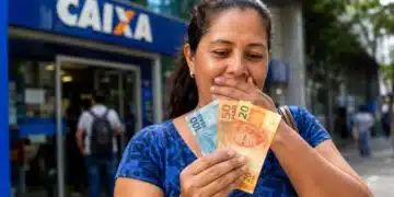 Mulher segura cédulas de real diante de uma agência da Caixa, representando a antecipação do Bolsa Família de julho.
