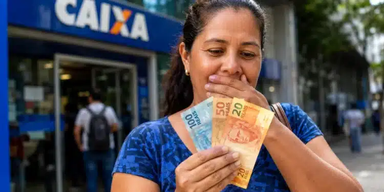 Mulher segura cédulas de real diante de uma agência da Caixa, representando a antecipação do Bolsa Família de julho.