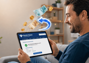 Homem sorrindo recebe restituição da Receita Federal no tablet com dinheiro e moedas flutuando ao lado