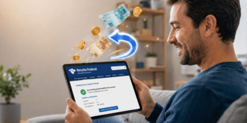 Homem sorrindo recebe restituição da Receita Federal no tablet com dinheiro e moedas flutuando ao lado, restituição automática do Imposto de Renda confirmada pela Receita Federal em 2026.