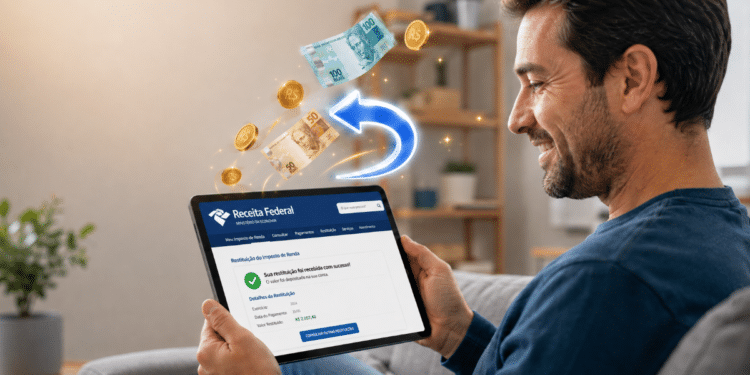Homem sorrindo recebe restituição da Receita Federal no tablet com dinheiro e moedas flutuando ao lado