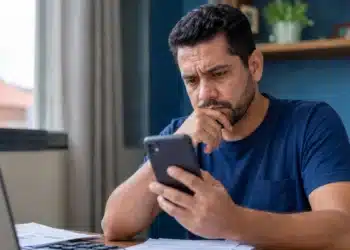 Homem consulta o celular com expressão preocupada ao verificar informações sobre cashback do Imposto de Renda e chave Pix no CPF.