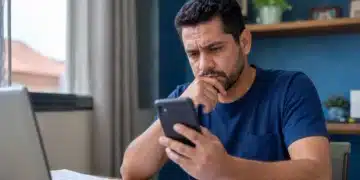Homem consulta o celular com expressão preocupada ao verificar informações sobre cashback do Imposto de Renda e chave Pix no CPF.