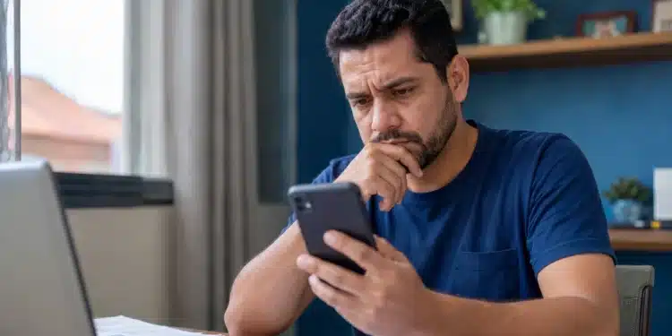 Homem consulta o celular com expressão preocupada ao verificar informações sobre cashback do Imposto de Renda e chave Pix no CPF.