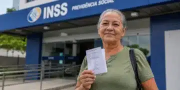 Beneficiária segura documento em frente a uma agência do INSS, representando o anúncio de R$ 547 milhões para ressarcimentos.