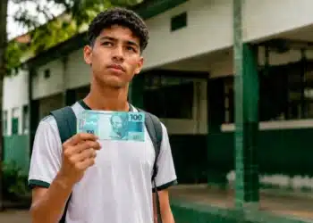 Quando o Pé-de-Meia volta a cair? Veja a data do próximo pagamento aos estudantes 5 Estudante segurando nota de cem reais em frente a uma escola pública, representando o próximo pagamento do programa Pé-de-Meia.