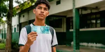 Estudante segurando nota de cem reais em frente a uma escola pública, representando o próximo pagamento do programa Pé-de-Meia.
