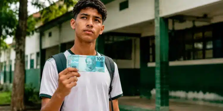 Quando o Pé-de-Meia volta a cair? Veja a data do próximo pagamento aos estudantes 1 Estudante segurando nota de cem reais em frente a uma escola pública, representando o próximo pagamento do programa Pé-de-Meia.