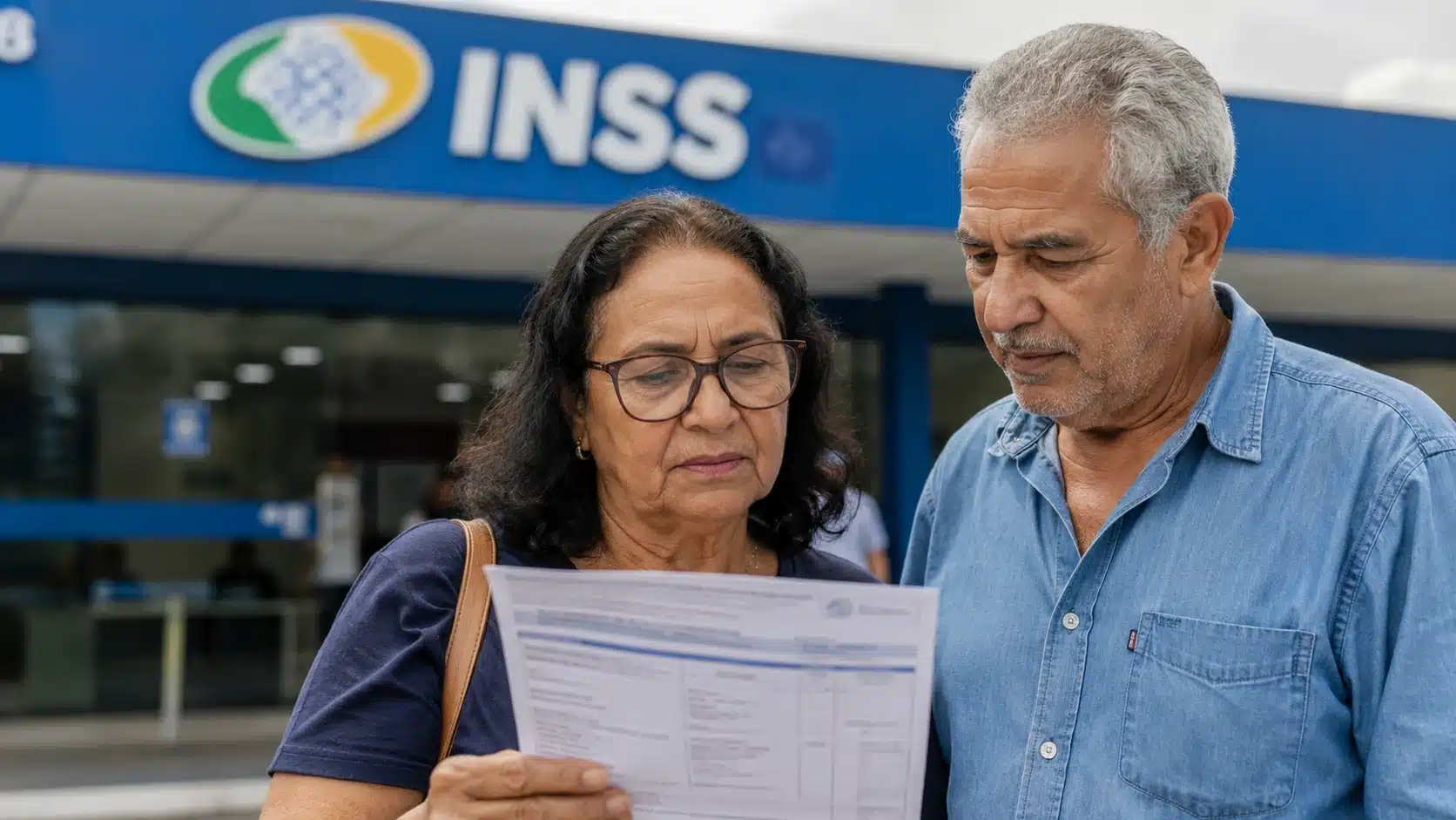 Aposentados analisam o extrato do benefício em frente a uma agência do INSS, representando os segurados que têm direito ao ressarcimento por descontos não autorizados.