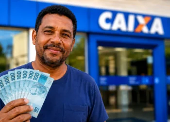 Trabalhador segura notas de R$ 100 em frente a uma agência da Caixa, representando a distribuição do lucro do FGTS.