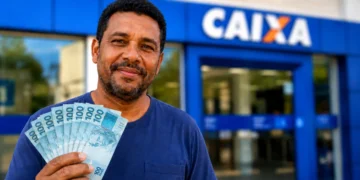 Trabalhador segura notas de R$ 100 em frente a uma agência da Caixa, representando a distribuição do lucro do FGTS.