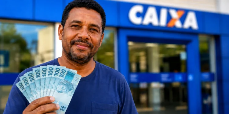 Trabalhador segura notas de R$ 100 em frente a uma agência da Caixa, representando a distribuição do lucro do FGTS.