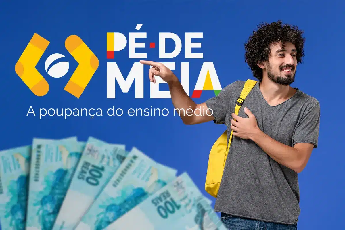 Quando o Pé-de-Meia volta a cair? Veja a data do próximo pagamento aos estudantes 2 Estudante do ensino médio segurando mochila ao lado do logotipo do Pé-de-Meia, representando os pagamentos do programa.