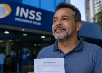 Homem segura receituário médico em frente a unidade do INSS, representando auxílio por doença grave sem carência.