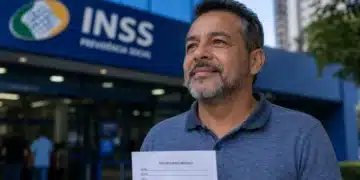Homem segura receituário médico em frente a unidade do INSS, representando auxílio por doença grave sem carência.