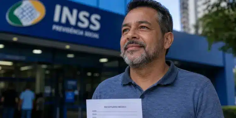 Doença grave garante auxílio do INSS mesmo sem carência: lista sobe para 18 condições 1 Homem segura receituário médico em frente a unidade do INSS, representando auxílio por doença grave sem carência.