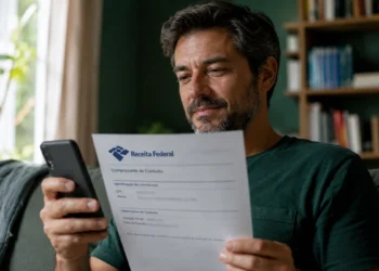Homem consultando informações sobre a restituição do Imposto de Renda enquanto segura um celular e um documento da Receita Federal.
