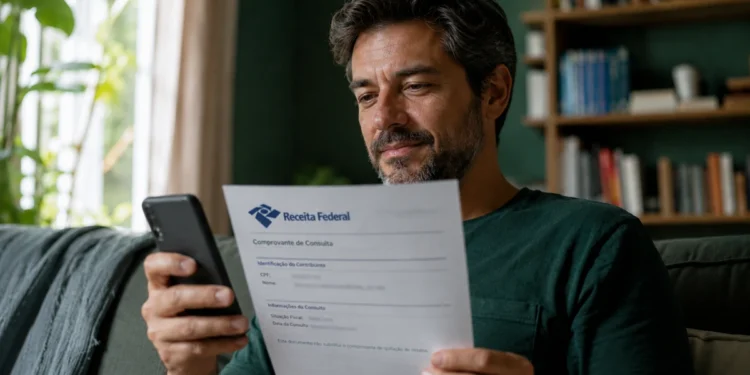 Restituição do IR cai nesta segunda (31): veja como consultar se vai receber neste lote 1 Homem consultando informações sobre a restituição do Imposto de Renda enquanto segura um celular e um documento da Receita Federal.