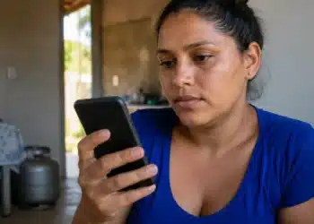 Mulher consulta pelo celular, no app Meu Social, informações sobre o vale-recarga do Gás do Povo.