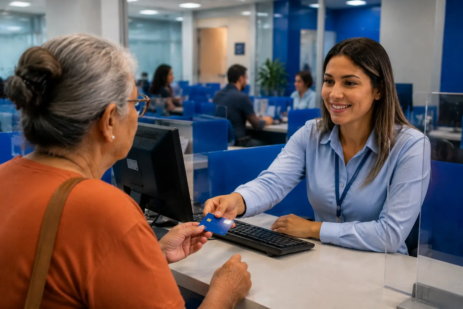 Adeus Meu INSS Vale+: INSS encerra antecipação de até R$ 450 para aposentados e pensionistas 2 Idosa recebendo atendimento em agência bancária, representando a contratação da antecipação do Meu INSS Vale+.