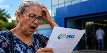 Aposentada analisa documento do INSS em frente a uma agência após encerramento do Meu INSS Vale+