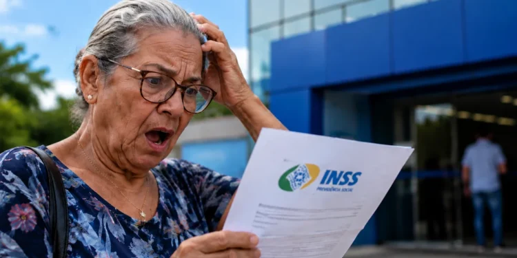 Aposentada analisa documento do INSS em frente a uma agência após encerramento do Meu INSS Vale+