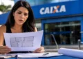 Mulher analisa planta de imóvel em frente a uma agência da Caixa, representando o leilão de imóveis com até 50% de desconto.