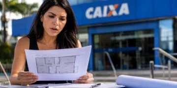 Mulher analisa planta de imóvel em frente a uma agência da Caixa, representando o leilão de imóveis com até 50% de desconto.