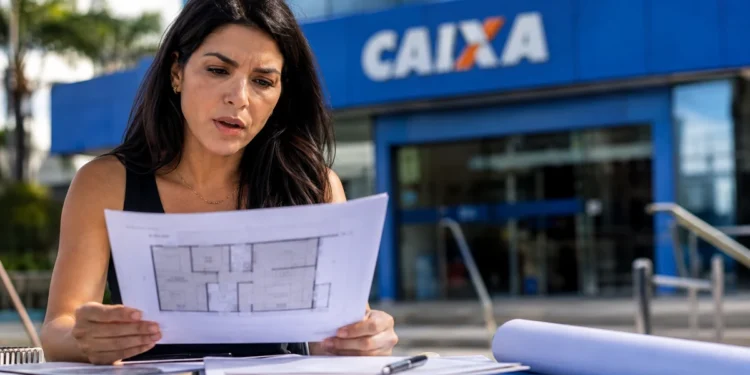 Mulher analisa planta de imóvel em frente a uma agência da Caixa, representando o leilão de imóveis com até 50% de desconto.