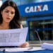 Mulher analisa planta de imóvel em frente a uma agência da Caixa, representando o leilão de imóveis com até 50% de desconto.