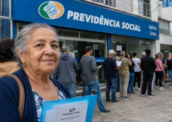 Idosa em frente à agência do INSS representando o mutirão de atendimento neste fim de semana.