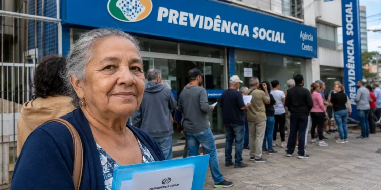 Idosa em frente à agência do INSS representando o mutirão de atendimento neste fim de semana.