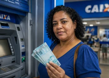 Abono salarial de até R$ 1.621: nascidos em novembro e dezembro recebem a partir desta segunda (17) 5 Mulher segura cédulas após saque em agência da Caixa, em referência ao pagamento do Abono Salarial 2026.