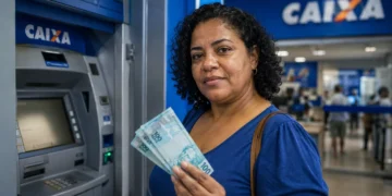 Mulher segura cédulas após saque em agência da Caixa, em referência ao pagamento do Abono Salarial 2026.
