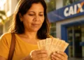 Mulher conta cédulas de R$ 50 em frente a uma agência da Caixa, representando o pagamento unificado do Bolsa Família de agosto em municípios de sete estados.