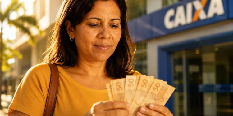 Mulher conta cédulas de R$ 50 em frente a uma agência da Caixa, representando o pagamento unificado do Bolsa Família de agosto em municípios de sete estados.