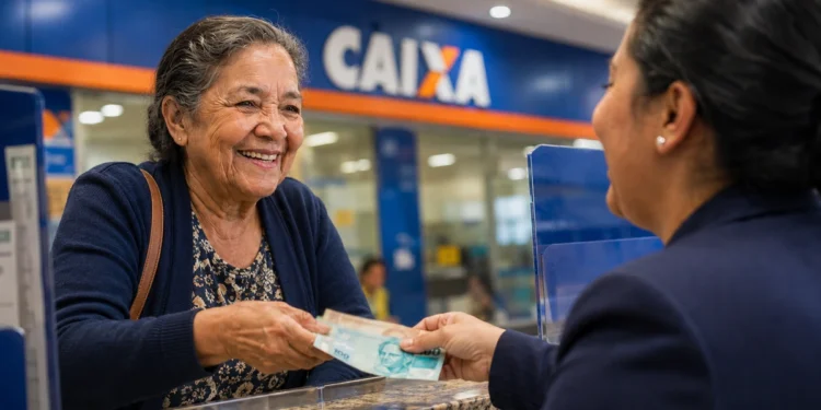 Idosa recebe dinheiro em atendimento bancário, ilustrando o pagamento dos benefícios do INSS referentes a agosto.