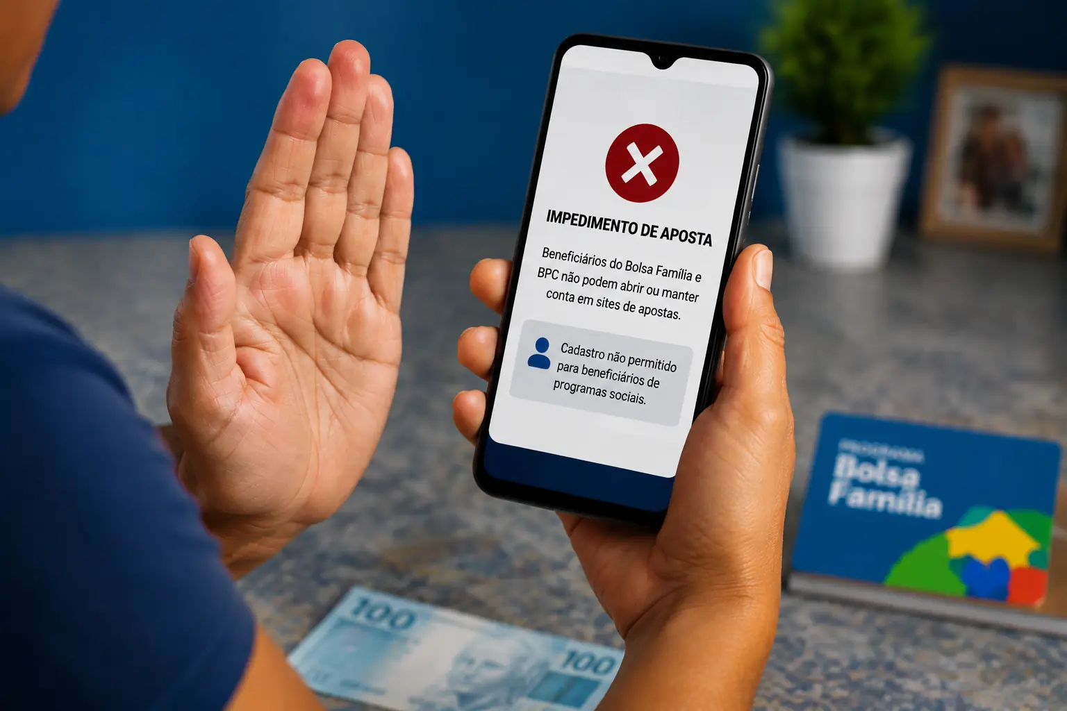 Beneficiários do Bolsa Família e BPC não podem mais abrir conta em sites de apostas no Brasil 2 Aviso de impedimento de apostas para beneficiários do Bolsa Família e BPC exibido em celular