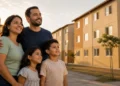 Família em condomínio habitacional representa as possíveis mudanças nos juros do Minha Casa, Minha Vida para famílias com renda de até R$ 9 mil.
