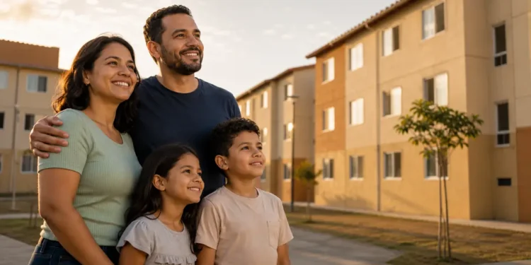 Família em condomínio habitacional representa as possíveis mudanças nos juros do Minha Casa, Minha Vida para famílias com renda de até R$ 9 mil.
